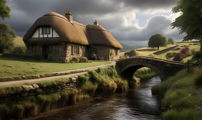 Wall Mural - An old house on a green lawn by the river.