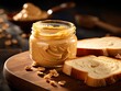 jar filled with creamy peanut butter, its smooth texture inviting you to indulge in its rich and nutty flavor. With a golden hue and velvety consistency, the peanut butter spreads effortlessly 
