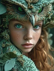 Canvas Print - A young girl with green eyes and an owl hat. Generative AI.