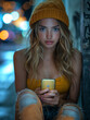 beautiful blonde teenager with yellow beanie scrolling on her phone
