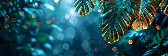 Wall Mural - Tropical leaves, colorful glowing neon summer background.