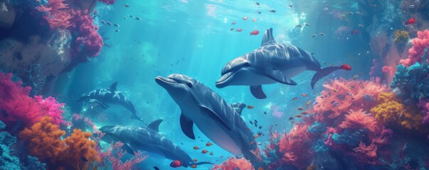 Wall Mural - Dolphins swiming together.