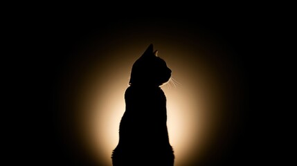 Poster - a black cat is silhouetted against the sun's shadow on a black background with its head turned to the side.