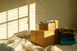 © vejaa - Cardboard boxes with clothing and household standing on messy bed in empty bedroom. Moving to new home, relocation, renovation, student moving to dorm, new apartment, rent a flat