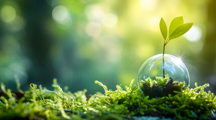 Canvas Print - Young Plant Growing on Globe in Forest Environment with Sun Flare