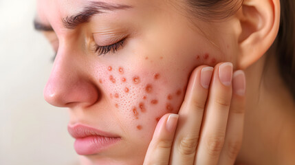 Wall Mural - Concerned Woman Examining Acne on Her Face