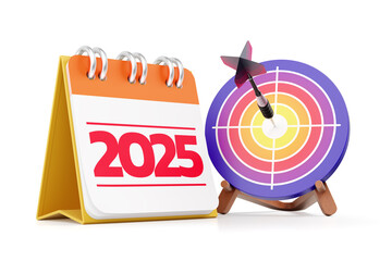 Poster - Annual Business Goals. The number 2025 on the page of a desk calendar close to a dartboard fixed on a wooden stand. There is also a dart sticking out from the dartboard. 3D rendering graphics.