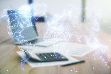 Poster - Multi exposure of abstract graphic world map on blurry calculator and computer background, big data and networking concept