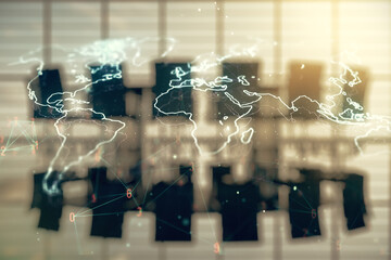 Aufkleber - Abstract creative digital world map on a modern coworking room background, globalization concept. Multiexposure