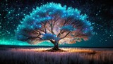 Fototapeta Niebo - Fantazyjne, abstrakcyjne drzewo świecące neonowym, fluorescencyjnym światłem