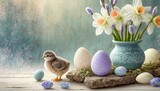 Fototapeta Kwiaty -  Wielkanocne tło z żonkilami, pisankami i kurczątkami