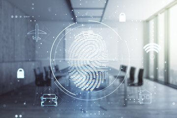 Aufkleber - Multi exposure of virtual creative fingerprint hologram on a modern meeting room background, personal biometric data concept
