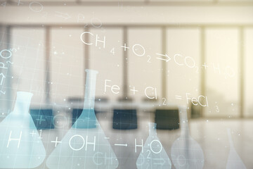 Poster - Abstract virtual chemistry illustration on a modern coworking room background, science and research concept. Multiexposure