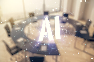 Poster - Abstract virtual artificial Intelligence symbol hologram on a modern conference room background. Multiexposure