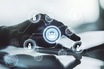 Poster - Social network media concept with finger presses on a digital tablet on background. Double exposure