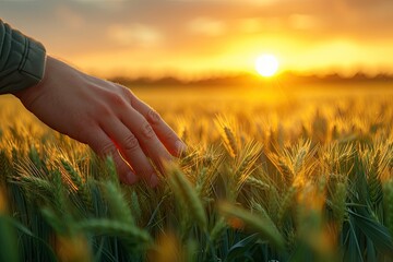 Human man's hand moving through green field of the grass. Male hand touching a young wheat in the wheat field while sunset