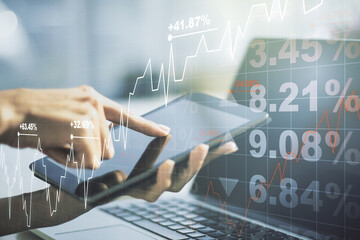 Poster - Multi exposure of abstract creative financial graph with finger presses on a digital tablet on background, forex and investment concept