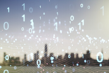 Aufkleber - Abstract virtual binary code illustration on blurry skyline background. Big data and coding concept. Multiexposure
