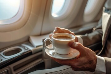 Wall Mural - A businessman in a business-class airplane with a cup of coffee