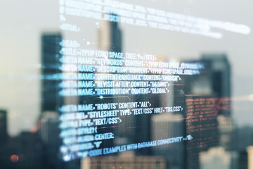Aufkleber - Multi exposure of abstract software development hologram on blurry cityscape background, research and analytics concept
