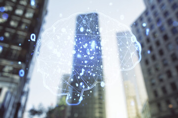 Poster - Double exposure of creative human brain microcircuit hologram on blurry cityscape background. Future technology and AI concept