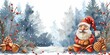 Christmas holiday and winter season marketing background, horizontal rectangle banner with a dwarf, a fir tree, and acorns, elaborate borders, copy space, high details,wimscal
