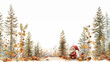 Christmas holiday and winter season marketing background, horizontal rectangle banner with a dwarf, a fir tree, and acorns, elaborate borders, copy space, high details,wimscal
