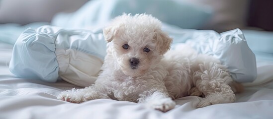 Wall Mural - A small white dog is lying on top of a neatly made bed. The dog appears comfortable and relaxed as it rests on the soft fabric.