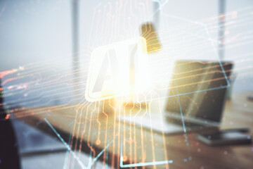 Aufkleber - Double exposure of creative artificial Intelligence icon with modern laptop on background. Neural networks and machine learning concept
