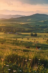 Poster - Herd of cattle grazing on lush green field. Suitable for agriculture or nature concepts