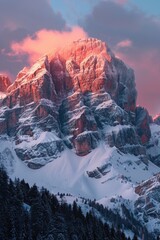 Aufkleber - A picturesque snowy mountain with a stunning pink sky in the background. Suitable for various nature and landscape concepts