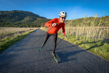 Fototapeta Góry - un skieur sur des ski-roues en pleine campagne  sur une route goudronnée