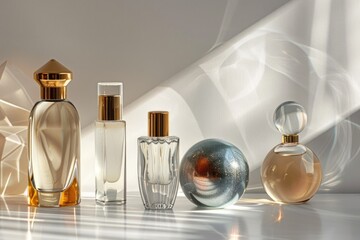 Poster - Various perfume bottles displayed on a table. Ideal for beauty product promotions