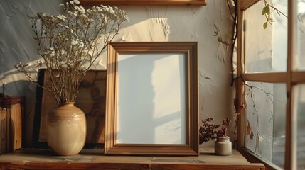 Poster - A picture frame placed on a rustic wooden table. Ideal for home decor or interior design concepts