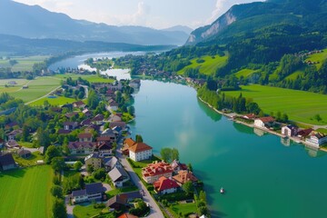 Poster - Aerial view of a small town on a beautiful lake. Ideal for travel brochures and cityscape websites