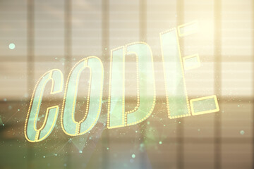 Poster - Code word hologram on empty corporate office background, artificial intelligence and neural networks concept. Multiexposure