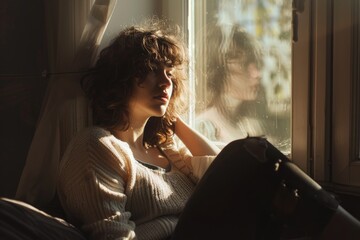 Aufkleber - Woman sitting on couch looking out window. Suitable for lifestyle and relaxation concepts