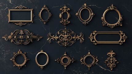 Poster - Elegant collection of gold frames on a dark backdrop. Ideal for adding a touch of sophistication to any design project