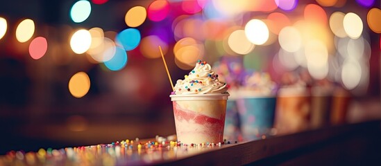 Wall Mural - A close-up view of a cup filled with creamy ice cream, sitting on top of a wooden bar counter with twinkling party lights in the background. The delicious dessert is ready to be enjoyed.