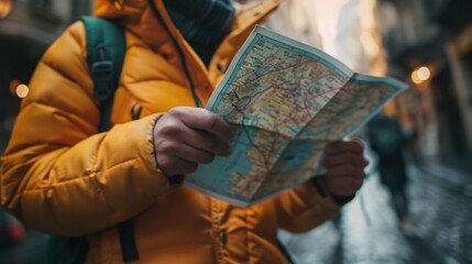 Poster - A man in a yellow jacket holding a map. Suitable for travel concepts
