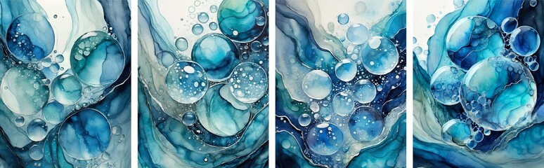 Wall Mural - Set of cards with fluid art painting in alcohol ink technique, water bubbles, for backgrounds, posters, flyer.
