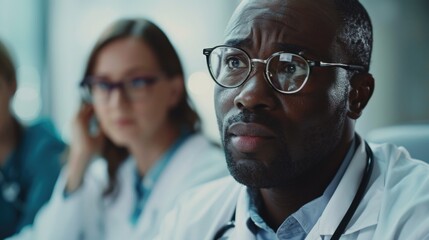Poster - A man in a lab coat sitting in front of a woman. Suitable for medical or scientific concepts