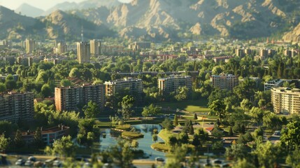 Poster - A scenic view of a city with a serene lake and majestic mountains in the background. Ideal for travel and tourism concepts