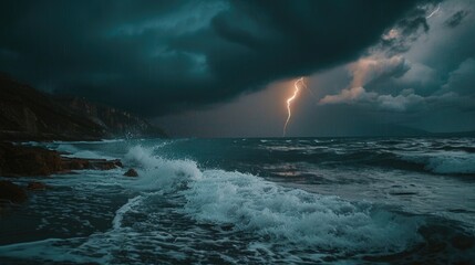 Poster - A striking image of a lightning bolt in the sky over a body of water. Perfect for illustrating the power of nature