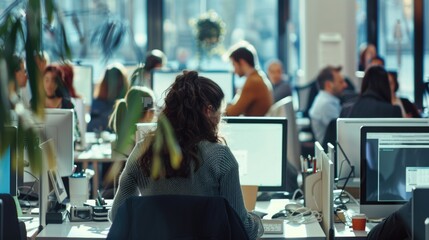 Poster - Woman sitting at desk working on computer, suitable for business concepts