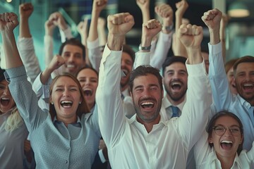 Poster - Group of business people raising their fists in celebration. Suitable for business success concept