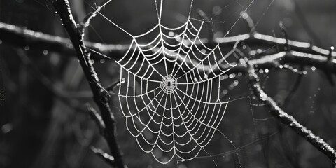 Aufkleber - A spider web hanging from a tree branch. Perfect for nature and Halloween themed designs