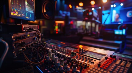 Poster - Professional mixing desk with monitor and keyboard, suitable for music production