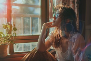 Poster - A woman sitting next to a window with a potted plant. Suitable for home decor or lifestyle concepts
