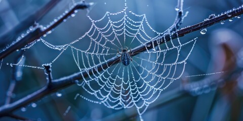 Poster - Close-up of a spider web with water droplets. Perfect for nature themes